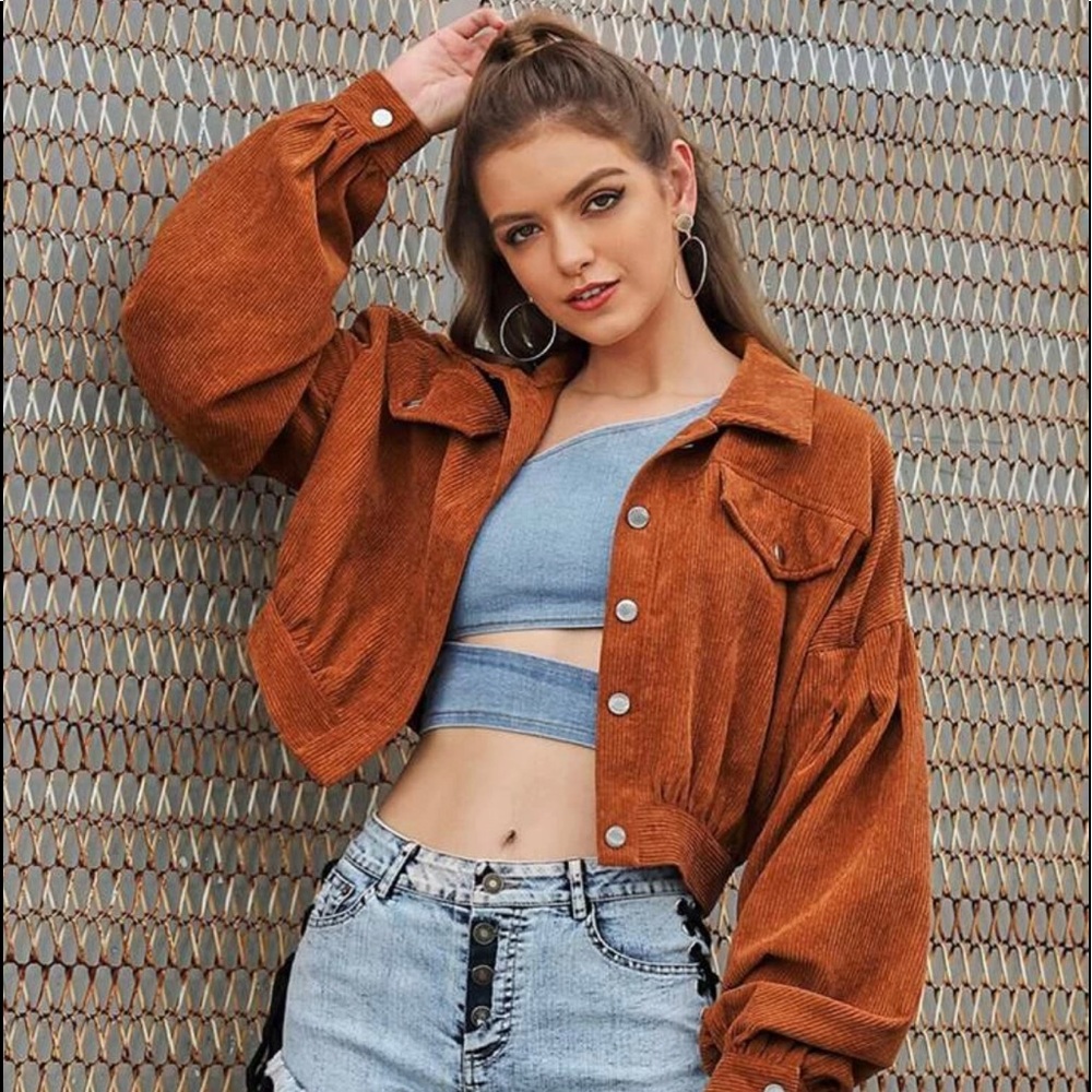 SHEIN Corduroy Metal Button Solid Crop Jacket - Picture 2 of 5